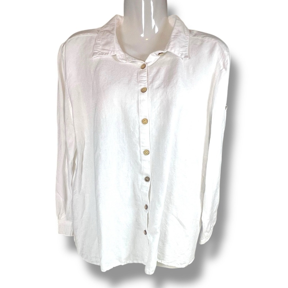 White Linen Button Up Shirt long Sleeves Nomadic Traders Lrg Lagenlook Summer